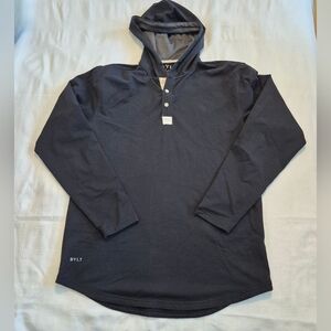 BYLT Lux Fabric Long Sleeve Drop Cut Hooded Henley Men's size Large black VGUC